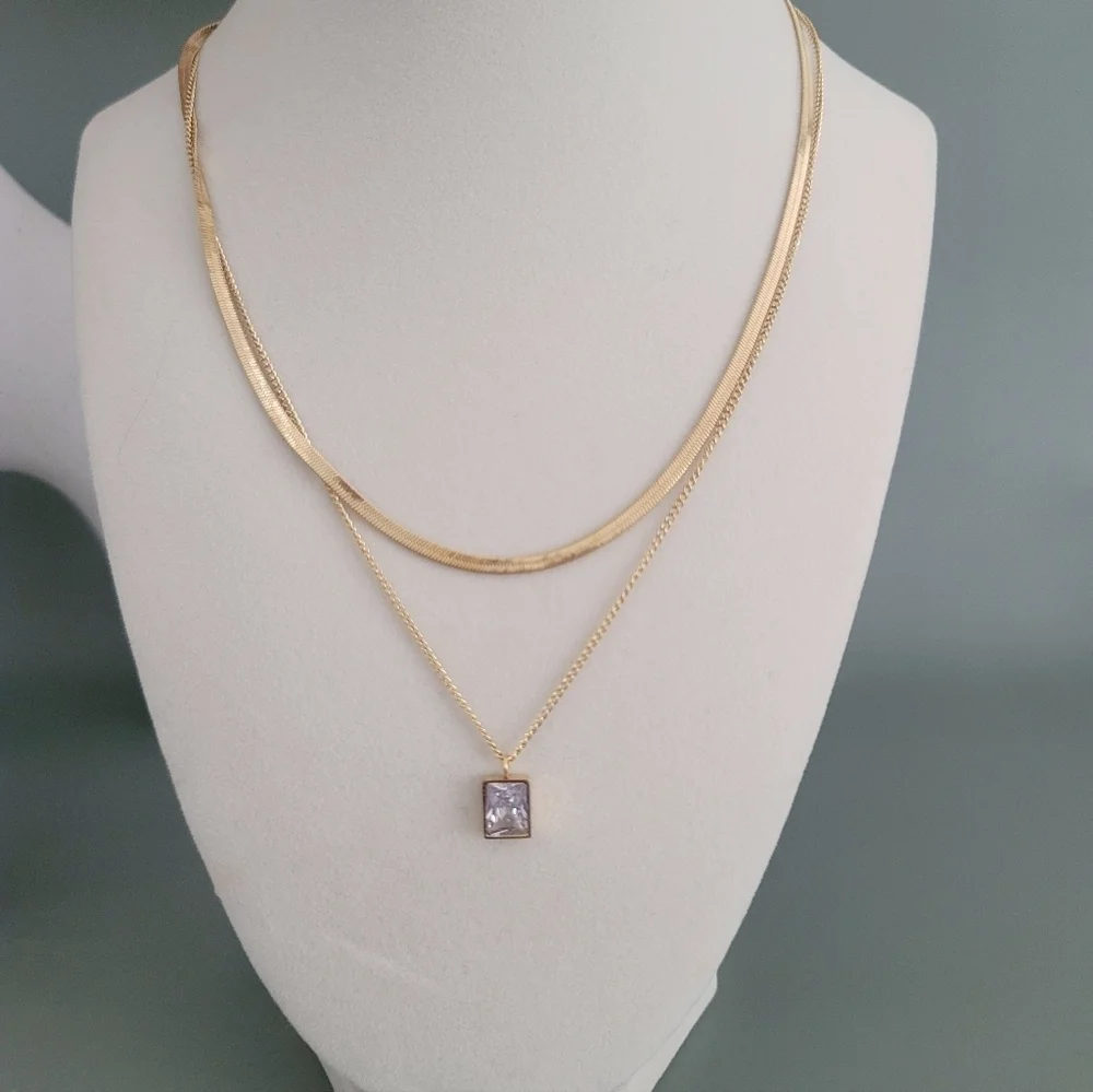 Stainless steel gold tone layered crystal necklace